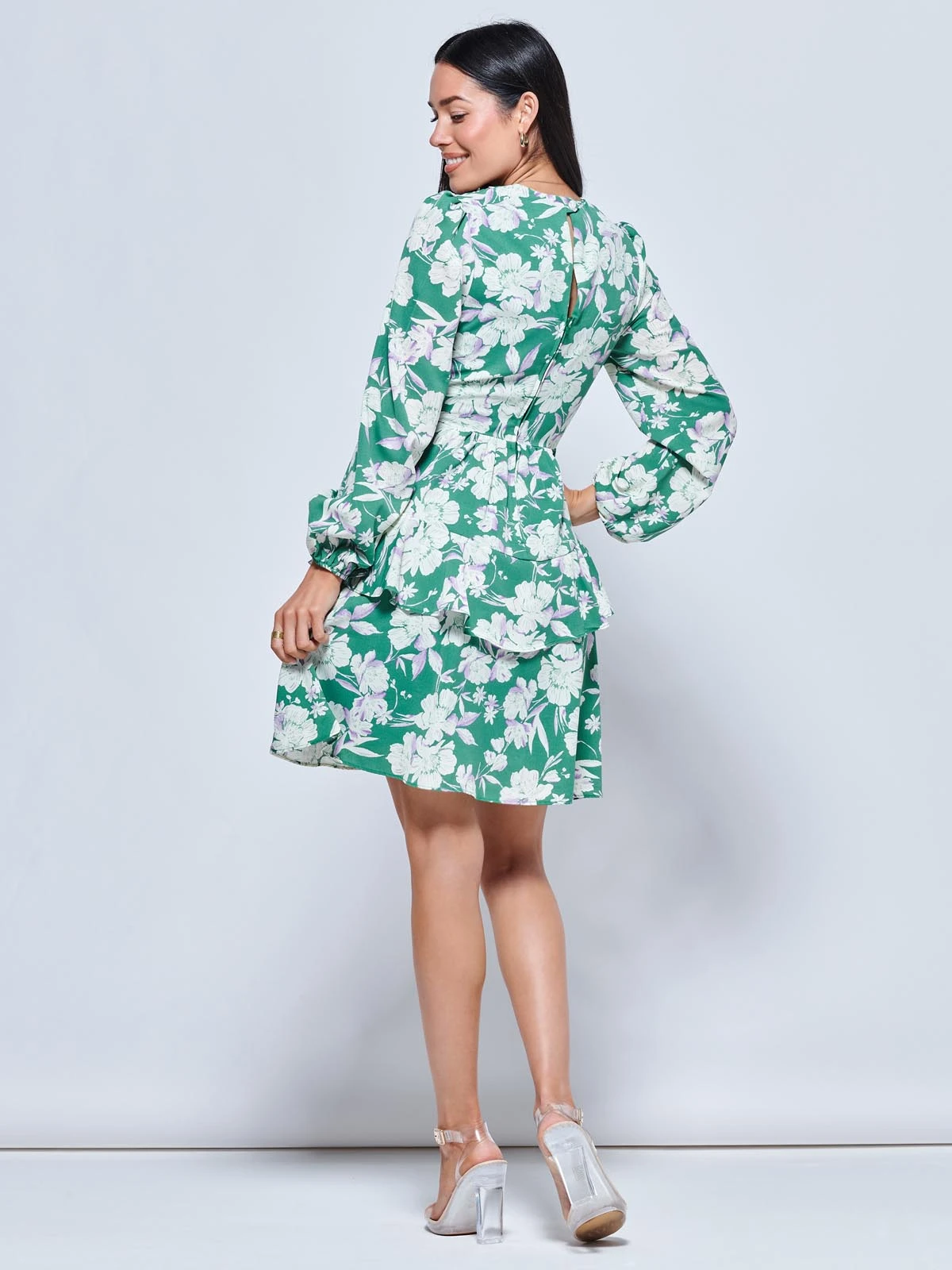 Casey Long Sleeve Tie Front Dress, Green Floral 2 Casey Long Sleeve Tie Front Dress, Green Floral - Image 2
