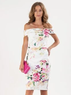 Floral Bardot Neckline Dress, White Floral