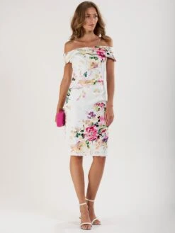Floral Bardot Neckline Dress, White Floral 8 Floral Bardot Neckline Dress, White Floral -DORIA Clothing Shop BARDOT86 2 009d37dd 4cca 4c76 9481 eb80e42445c6