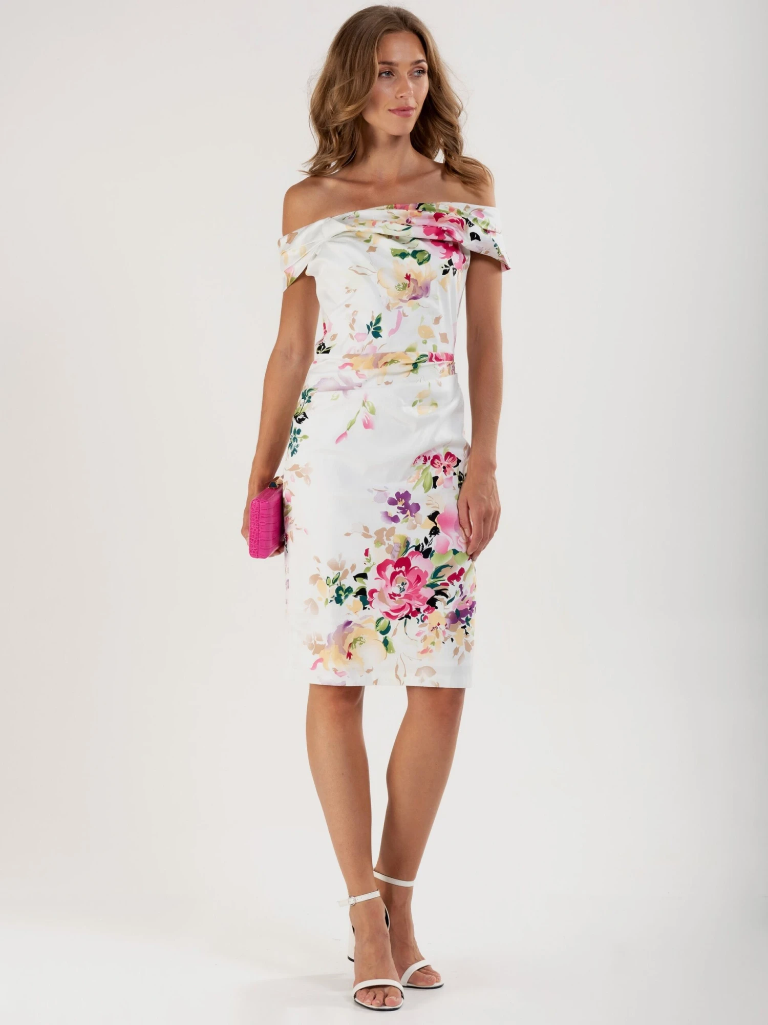 Floral Bardot Neckline Dress, White Floral 4 Floral Bardot Neckline Dress, White Floral - Image 4