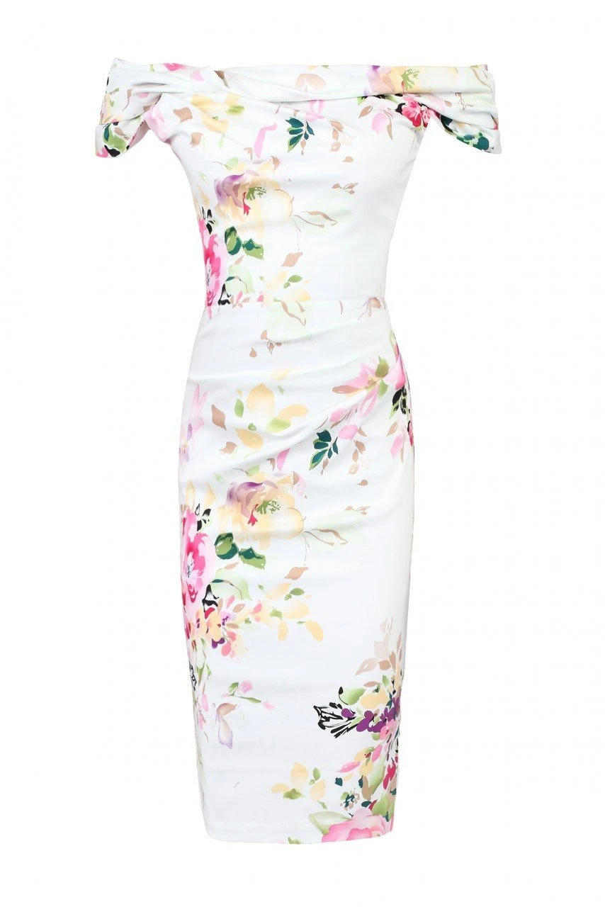 Floral Bardot Neckline Dress, White Floral 5 Floral Bardot Neckline Dress, White Floral - Image 5