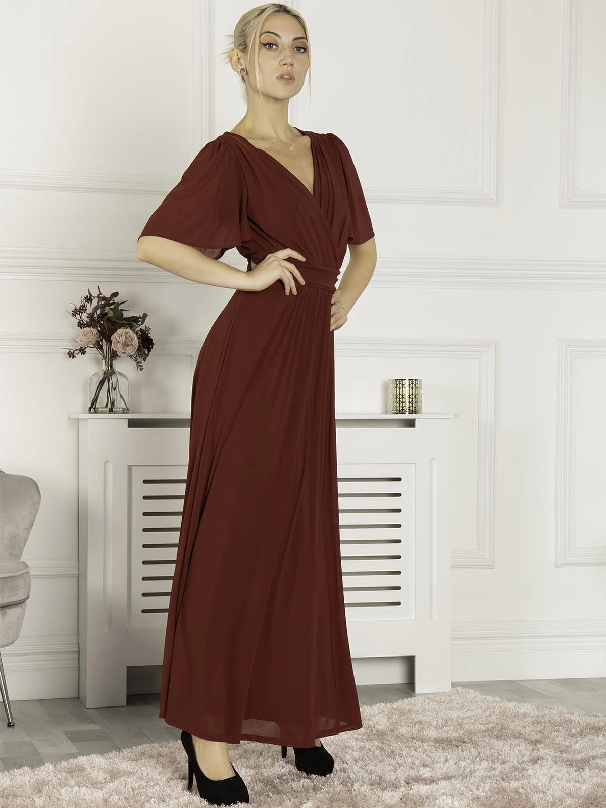 Flute Sleeve Mesh Maxi Dress, Burgundy 4 Flute Sleeve Mesh Maxi Dress, Burgundy - Image 4