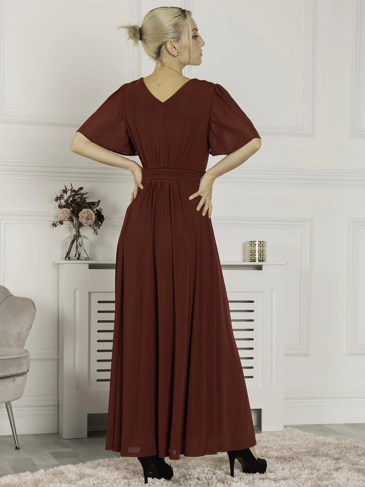 Flute Sleeve Mesh Maxi Dress, Burgundy 2 Flute Sleeve Mesh Maxi Dress, Burgundy - Image 2
