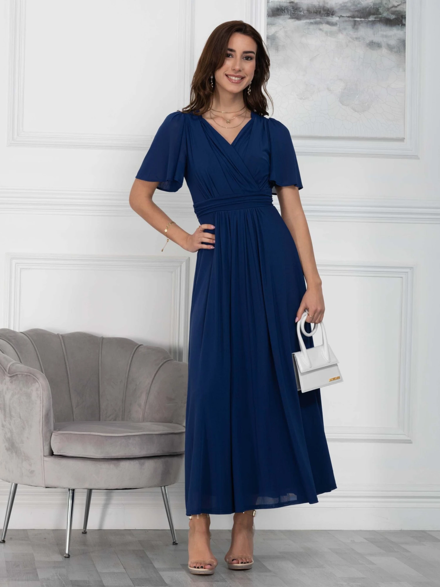 Flute Sleeve Mesh Maxi Dress, Navy 2 Flute Sleeve Mesh Maxi Dress, Navy - Image 2