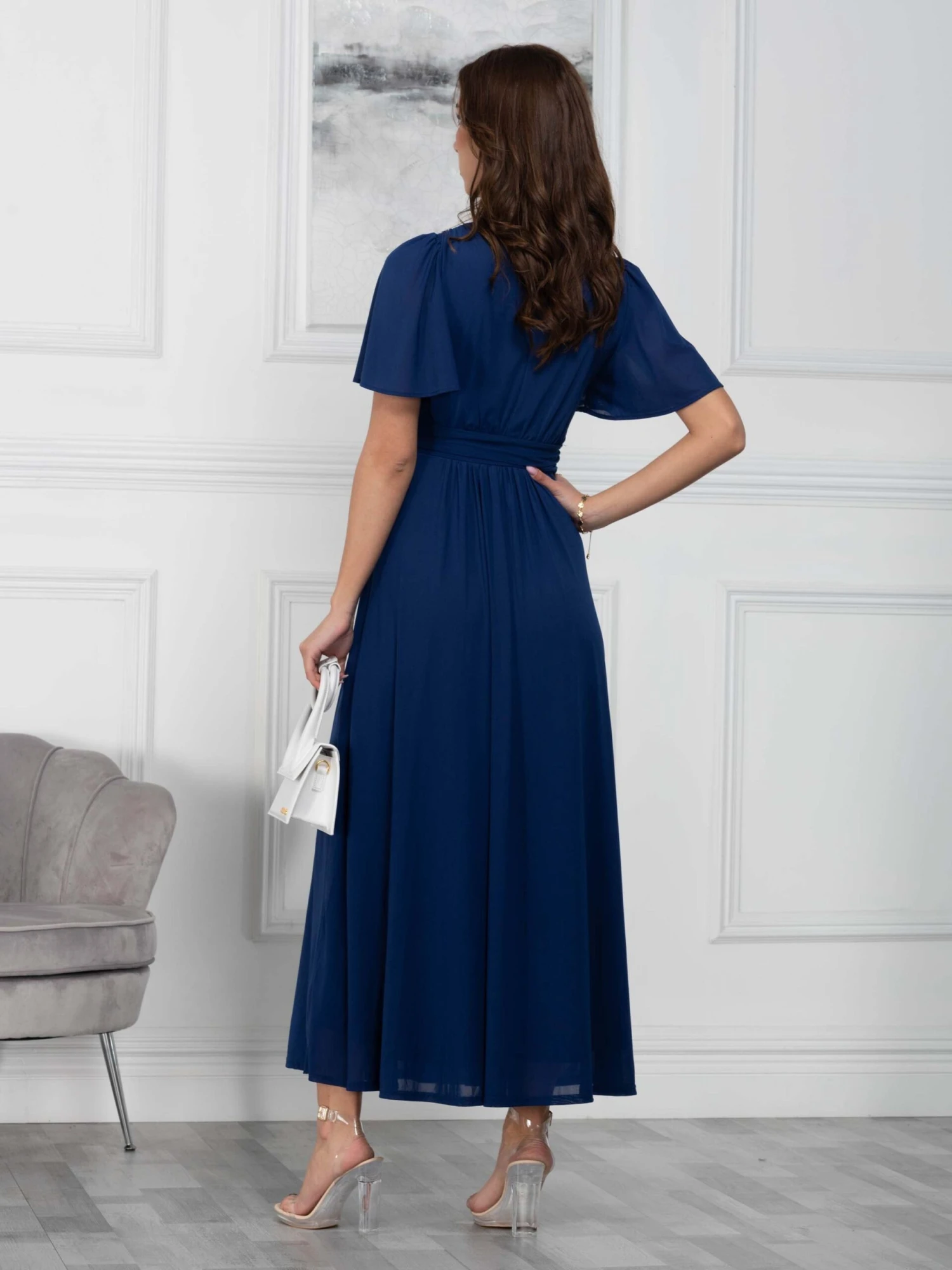 Flute Sleeve Mesh Maxi Dress, Navy 4 Flute Sleeve Mesh Maxi Dress, Navy - Image 4