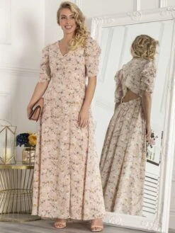 Puffy Sleeved Maxi Dress, Pink Floral -DORIA Clothing Shop BR 9021 PinkFloral 1