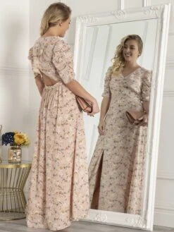 Puffy Sleeved Maxi Dress, Pink Floral -DORIA Clothing Shop BR 9021 PinkFloral 2