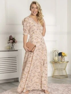 Puffy Sleeved Maxi Dress, Pink Floral -DORIA Clothing Shop BR 9021 PinkFloral 4