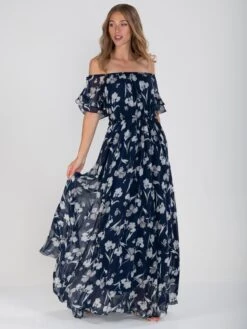 Off Shoulder Chiffon Maxi Dress, Navy Floral 12 Off Shoulder Chiffon Maxi Dress, Navy Floral -DORIA Clothing Shop BR 9022NAVYFRONT1