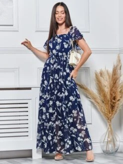 Off Shoulder Chiffon Maxi Dress, Navy Floral 10 Off Shoulder Chiffon Maxi Dress, Navy Floral -DORIA Clothing Shop BR 9022 NavyFloral 1