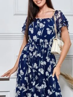 Off Shoulder Chiffon Maxi Dress, Navy Floral 9 Off Shoulder Chiffon Maxi Dress, Navy Floral -DORIA Clothing Shop BR 9022 NavyFloral 3