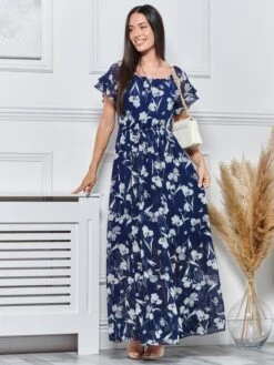 Off Shoulder Chiffon Maxi Dress, Navy Floral 11 Off Shoulder Chiffon Maxi Dress, Navy Floral -DORIA Clothing Shop BR 9022 NavyFloral 4