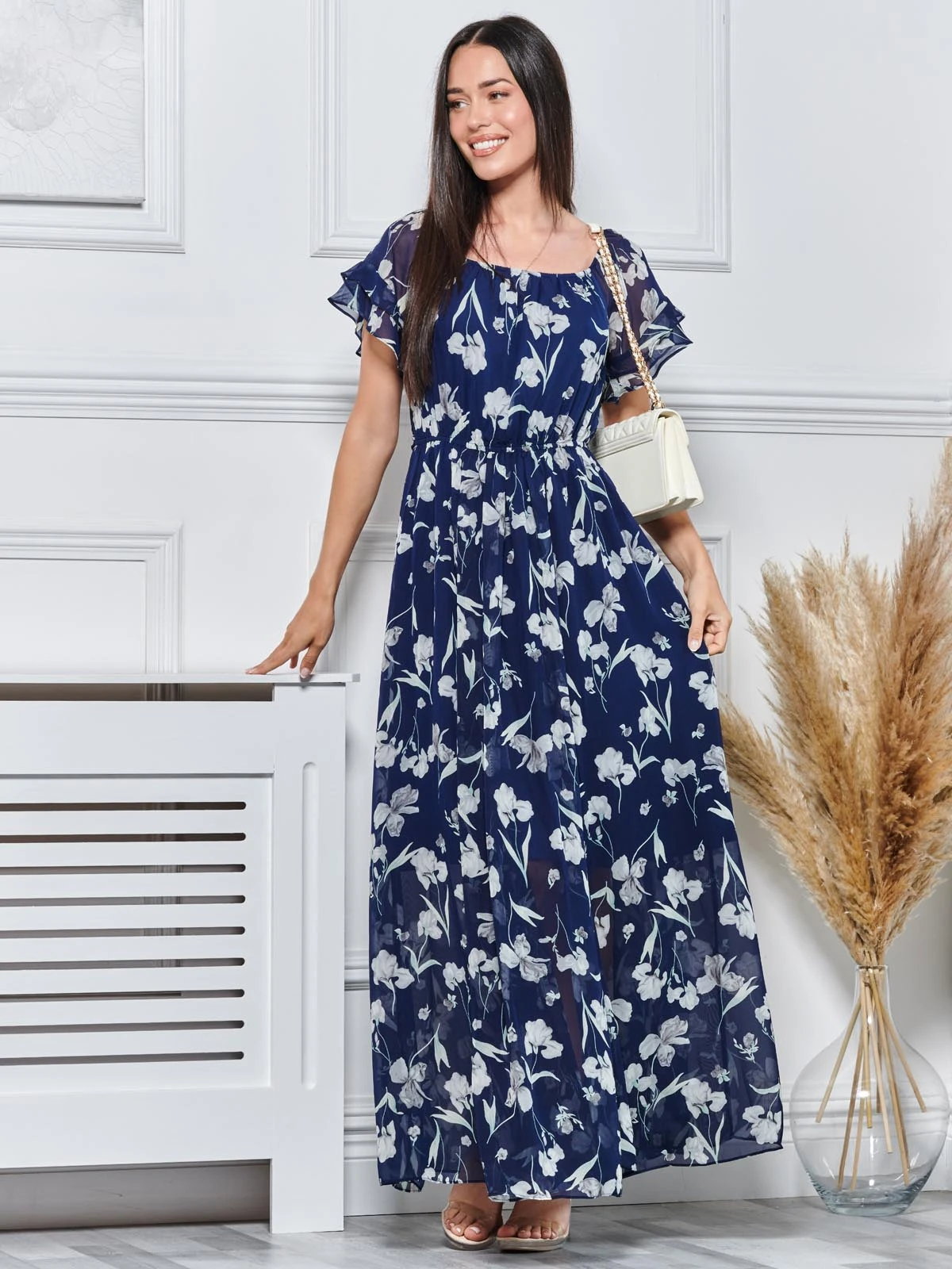 Off Shoulder Chiffon Maxi Dress, Navy Floral 5 Off Shoulder Chiffon Maxi Dress, Navy Floral - Image 5