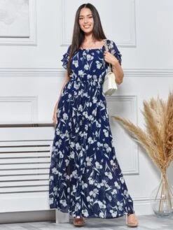Off Shoulder Chiffon Maxi Dress, Navy Floral