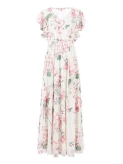 Ruffle Sleeved Chiffon Maxi Dress, Cream Floral 10 Ruffle Sleeved Chiffon Maxi Dress, Cream Floral -DORIA Clothing Shop BR 9036 CREAM CHIFFON LINED 24.50 SIZE 6 18