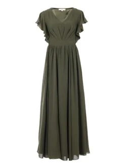 Ruffle Sleeved Chiffon Maxi Dress, Soldier Green -DORIA Clothing Shop BR 9036 SOLDIER GREEN CHIFFON LINED 24.50 SIZE 6 18
