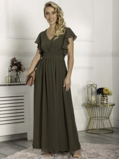 Ruffle Sleeved Chiffon Maxi Dress, Soldier Green