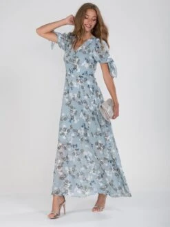 Puff Sleeve Chiffon Maxi Dress, Blue Floral 8 Puff Sleeve Chiffon Maxi Dress, Blue Floral -DORIA Clothing Shop BR 9126FLORAL JL