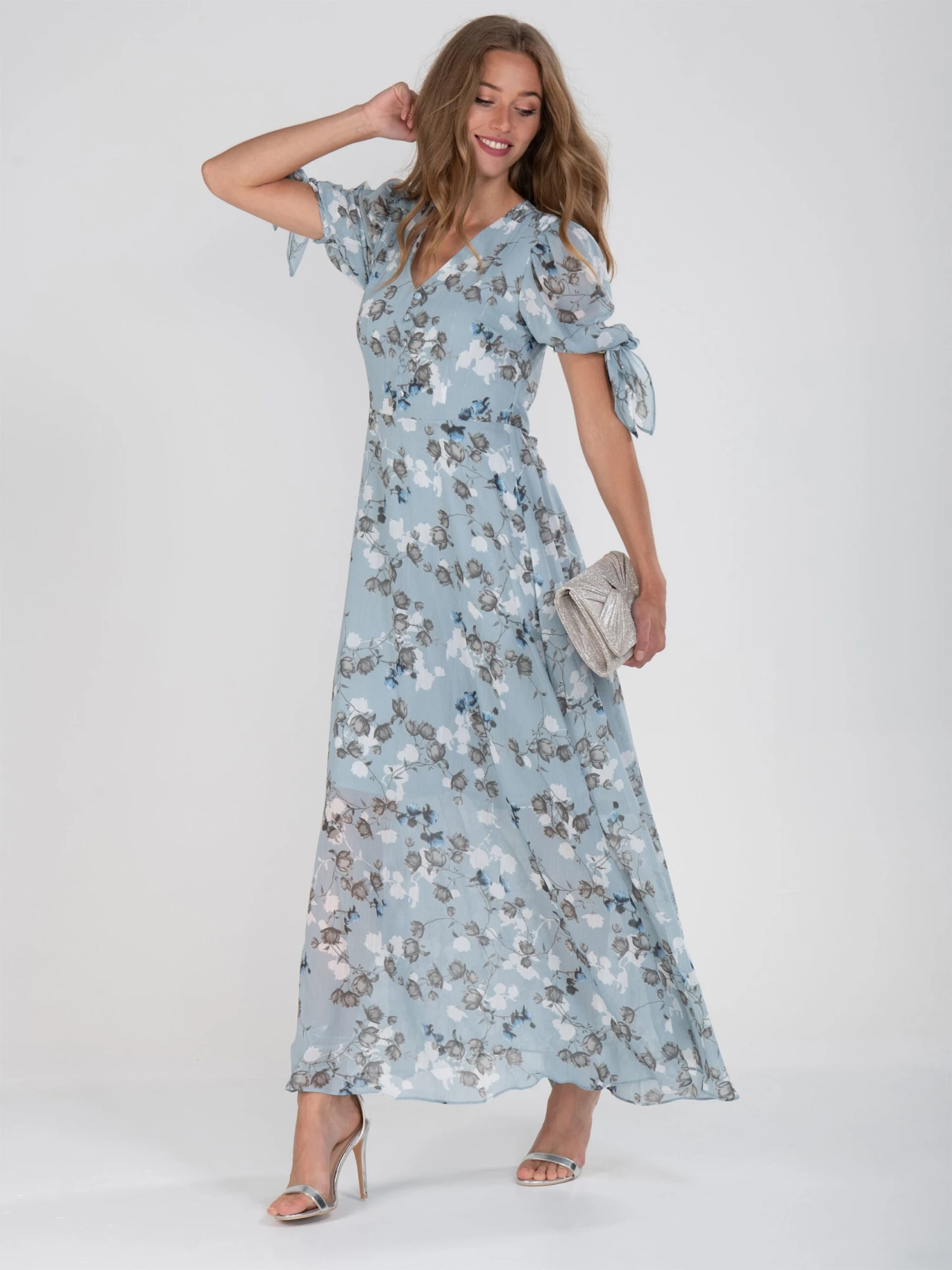 Puff Sleeve Chiffon Maxi Dress, Blue Floral 2 Puff Sleeve Chiffon Maxi Dress, Blue Floral - Image 2