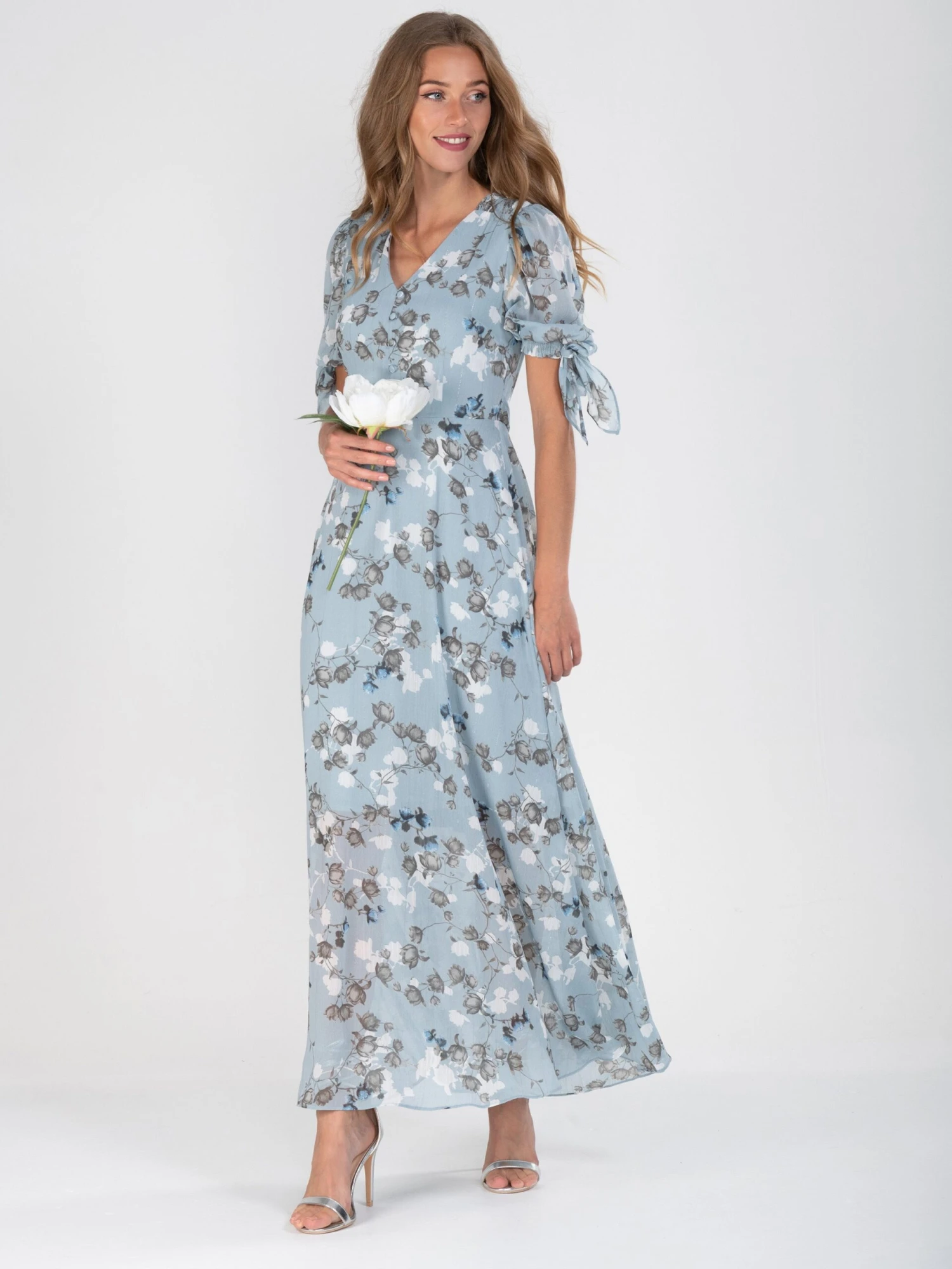 Puff Sleeve Chiffon Maxi Dress, Blue Floral 4 Puff Sleeve Chiffon Maxi Dress, Blue Floral - Image 4