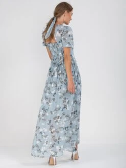 Puff Sleeve Chiffon Maxi Dress, Blue Floral 11 Puff Sleeve Chiffon Maxi Dress, Blue Floral -DORIA Clothing Shop BR 9126FLORALOFFBACK