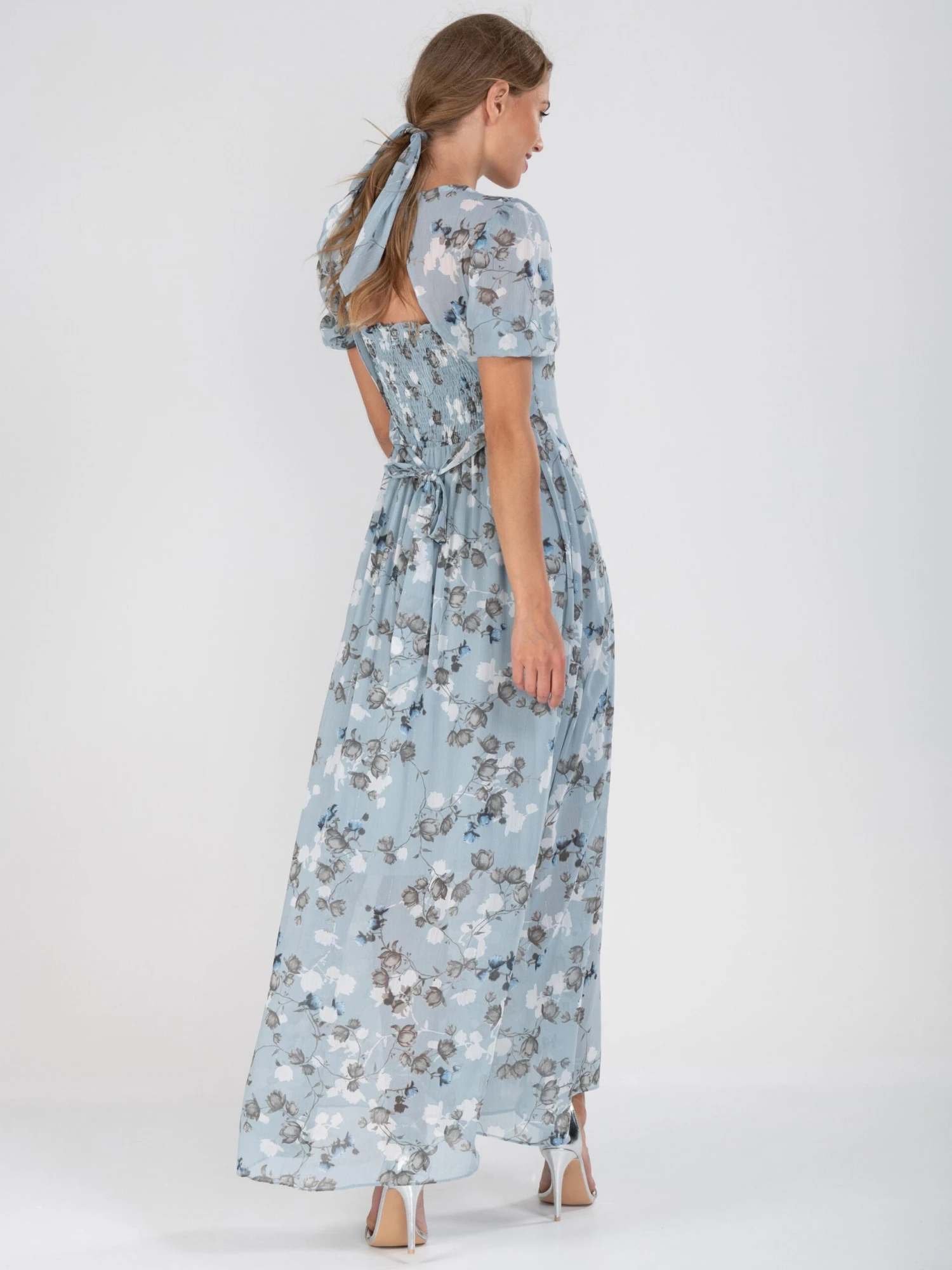 Puff Sleeve Chiffon Maxi Dress, Blue Floral 5 Puff Sleeve Chiffon Maxi Dress, Blue Floral - Image 5