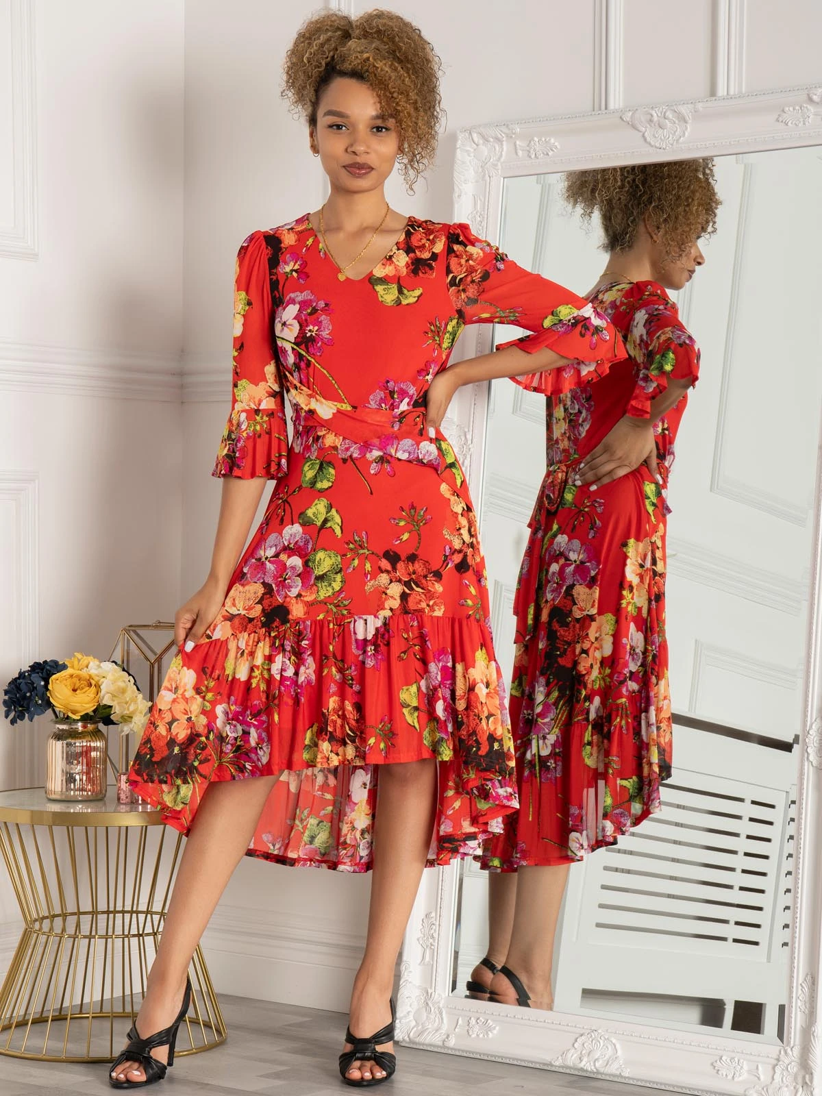 Jolie Moi Dipped Hem Mesh Midi Dress, Red Floral 1 Jolie Moi Dipped Hem Mesh Midi Dress, Red Floral