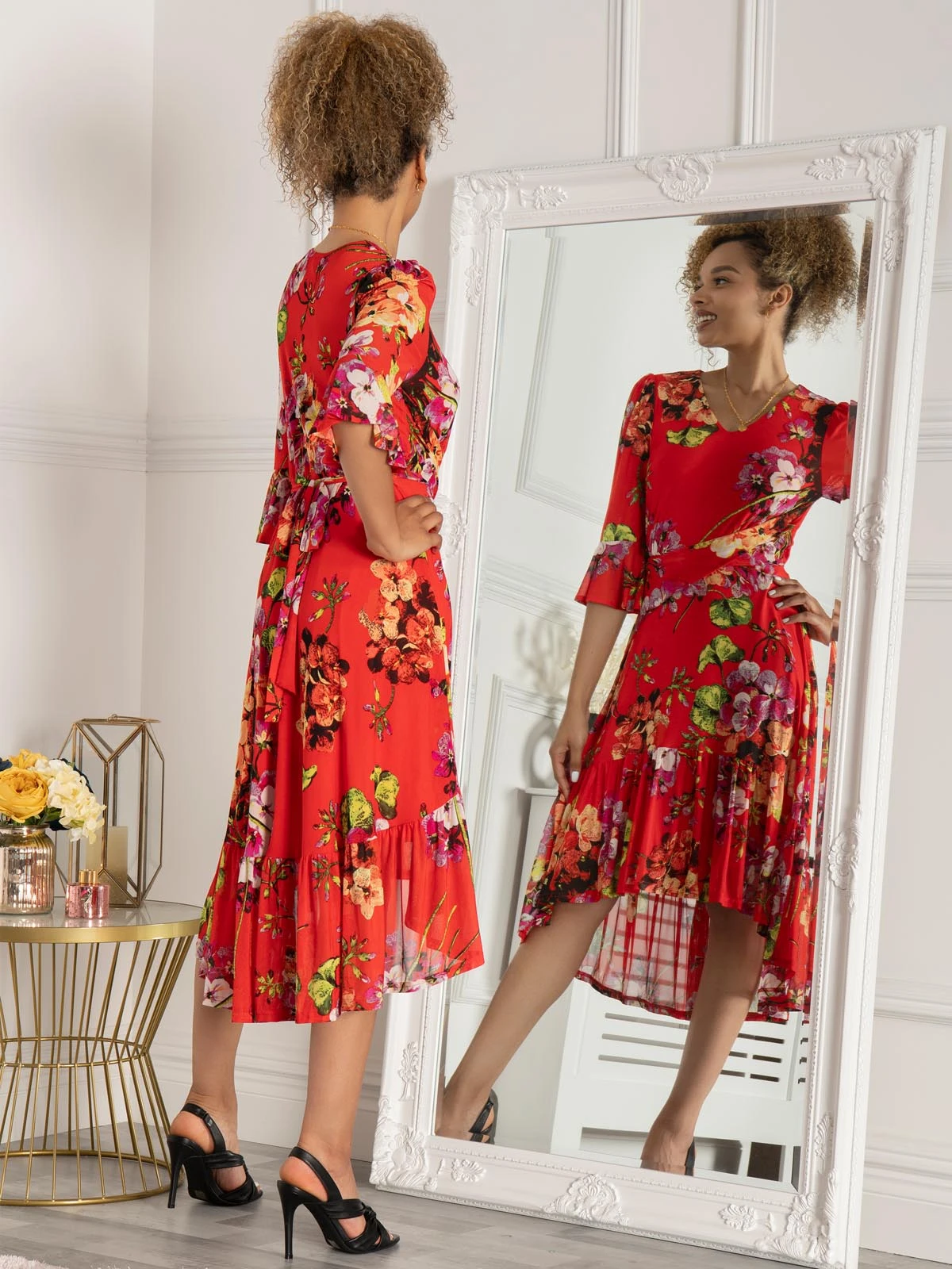 Jolie Moi Dipped Hem Mesh Midi Dress, Red Floral 4 Jolie Moi Dipped Hem Mesh Midi Dress, Red Floral - Image 4