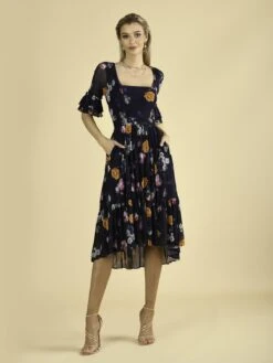 Carlene Mesh Square Neck Midi Dress, Navy Orange Floral -DORIA Clothing Shop BWD 0722 NavyOrangeFloral 1