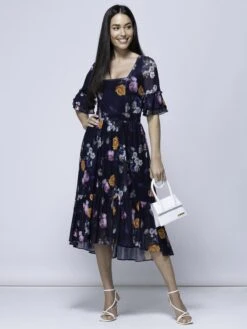 Carlene Mesh Square Neck Midi Dress, Navy Orange Floral -DORIA Clothing Shop BWD 0772 NavyOrangeFloral 1