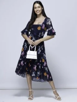 Carlene Mesh Square Neck Midi Dress, Navy Orange Floral -DORIA Clothing Shop BWD 0772 NavyOrangeFloral 3