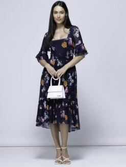 Carlene Mesh Square Neck Midi Dress, Navy Orange Floral -DORIA Clothing Shop BWD 0772 NavyOrangeFloral 4