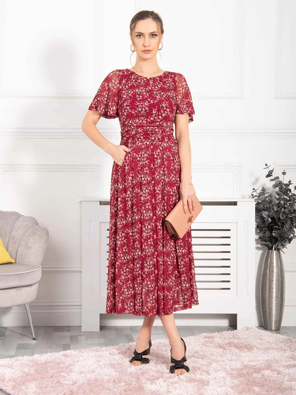 Julita Floral Mesh Midi Dress, Wine Floral 6 Julita Floral Mesh Midi Dress, Wine Floral - Image 6