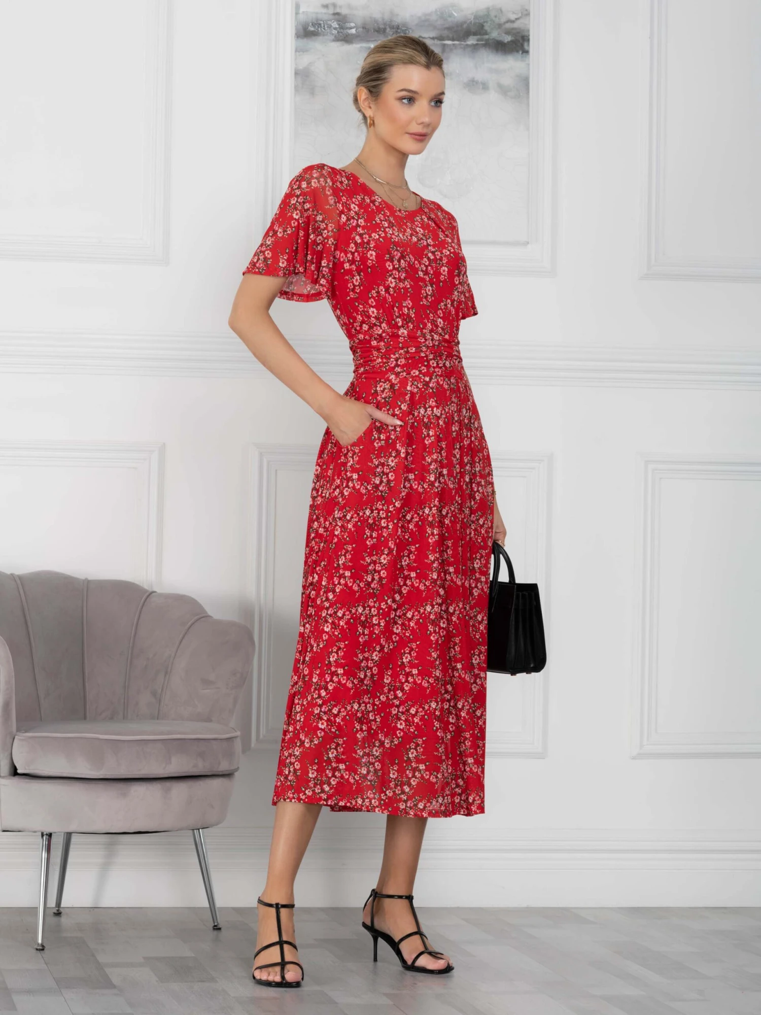 Jolie Moi Julita Mesh Dress, Red Floral 5 Jolie Moi Julita Mesh Dress, Red Floral - Image 5