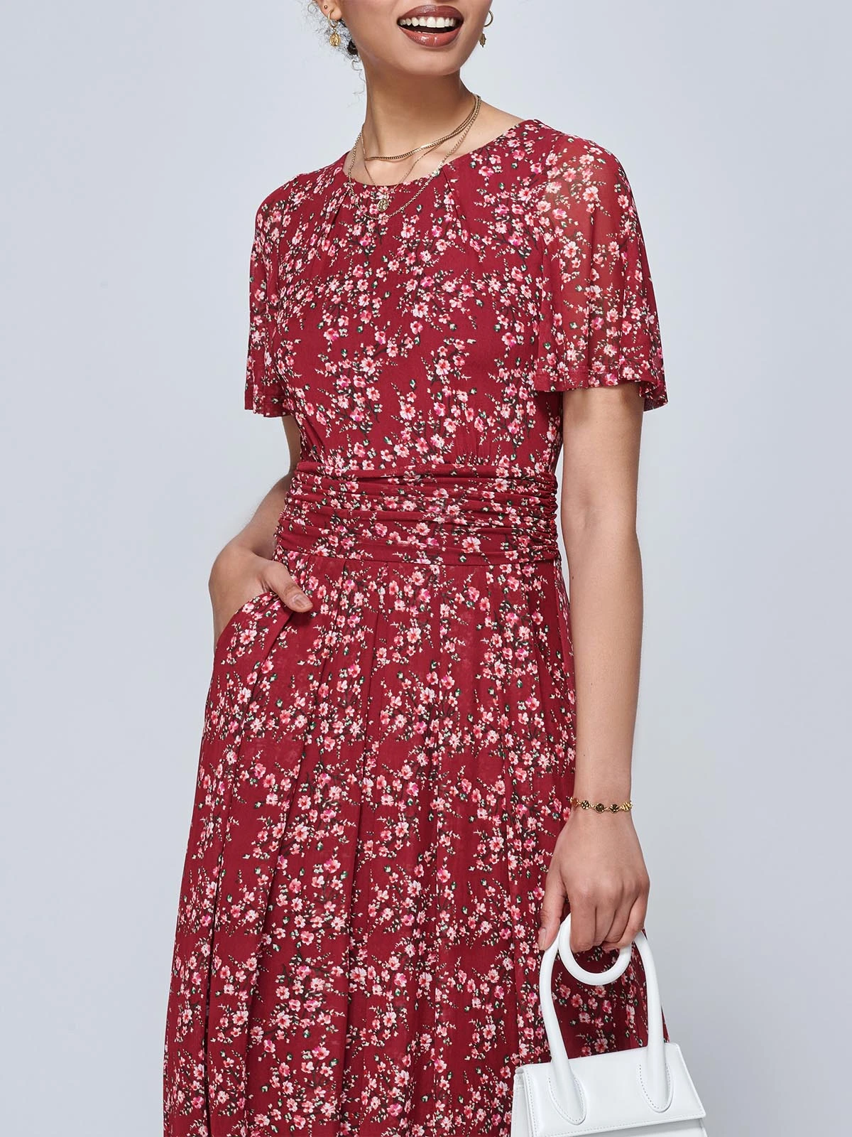 Julita Floral Mesh Midi Dress, Wine Floral 3 Julita Floral Mesh Midi Dress, Wine Floral - Image 3