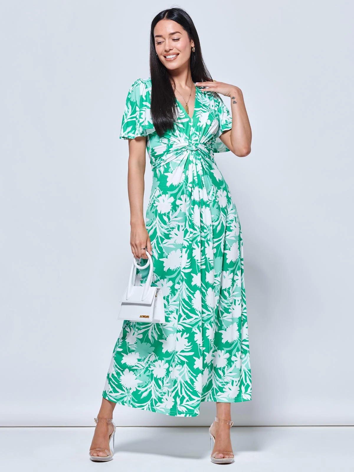 Twist Front Jersey Maxi Dress, Green Floral 1 Twist Front Jersey Maxi Dress, Green Floral