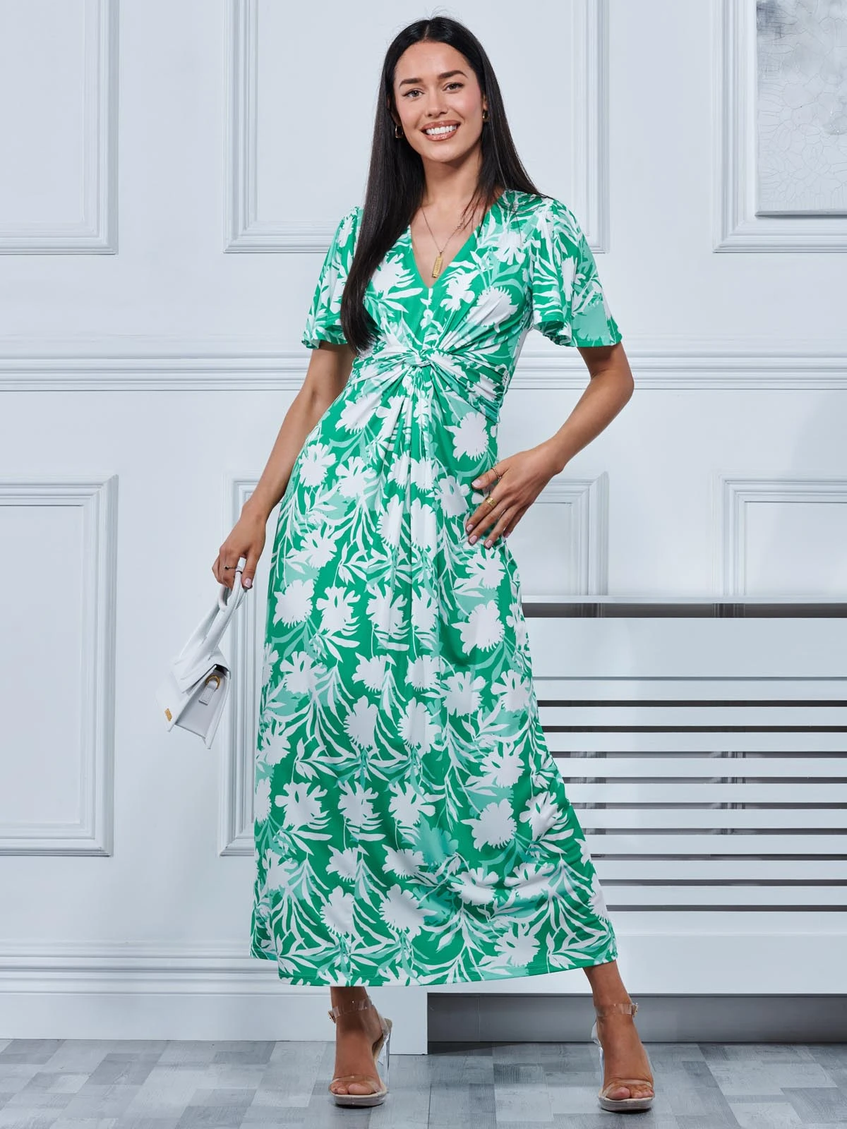 Twist Front Jersey Maxi Dress, Green Floral 4 Twist Front Jersey Maxi Dress, Green Floral - Image 4