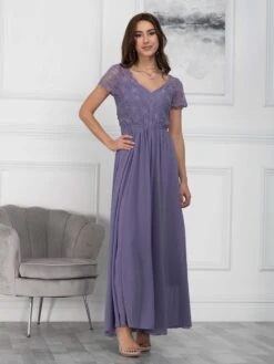 Short Sleeve Lace Maxi Chiffon Dress, Lavender 10 Short Sleeve Lace Maxi Chiffon Dress, Lavender -DORIA Clothing Shop CUR 9003 Lavender 1