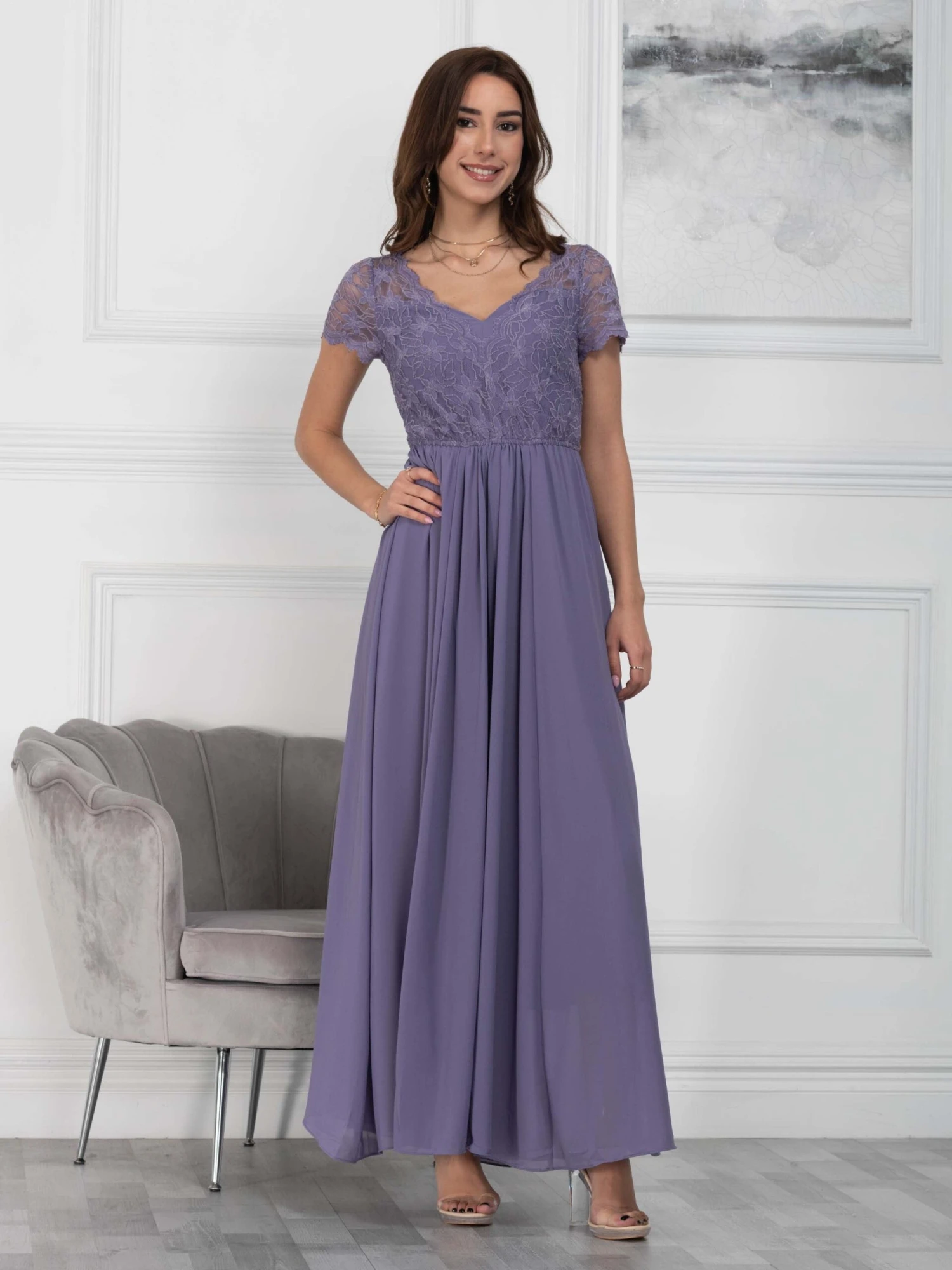Short Sleeve Lace Maxi Chiffon Dress, Lavender 2 Short Sleeve Lace Maxi Chiffon Dress, Lavender - Image 2