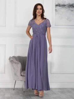 Short Sleeve Lace Maxi Chiffon Dress, Lavender
