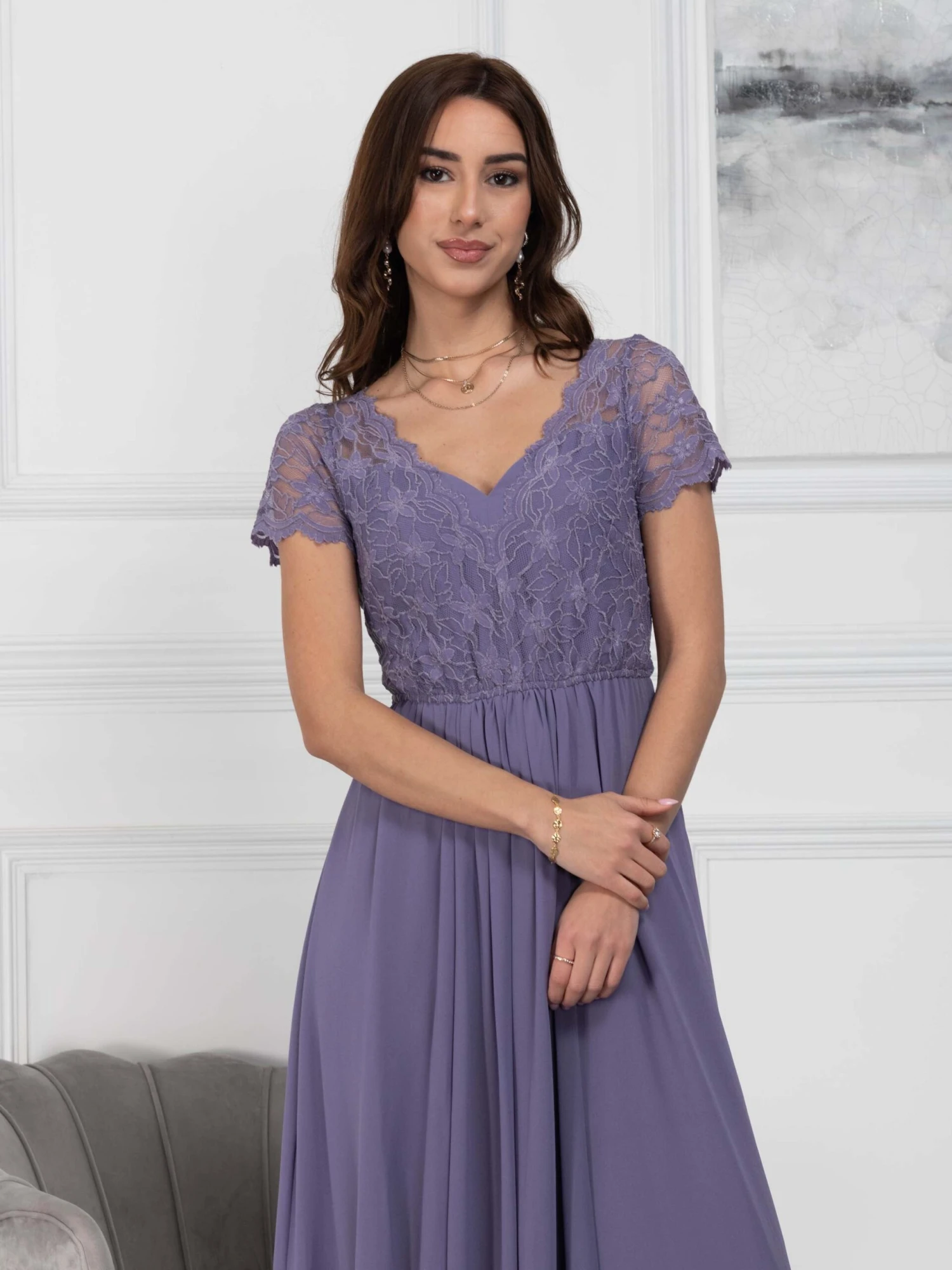Short Sleeve Lace Maxi Chiffon Dress, Lavender 5 Short Sleeve Lace Maxi Chiffon Dress, Lavender - Image 5
