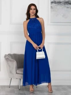 Halter Neck Lace Maxi Bridesmaid Dress, Royal Blue -DORIA Clothing Shop CUR 9107 RoyalBlue 1