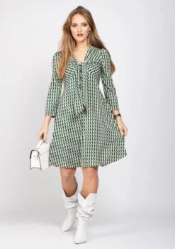 Tie Front Geometric Print Dress, Pink Multi