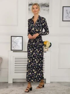 Jolie Moi Dora Floral Maxi Shirt Dress, Navy Floral -DORIA Clothing Shop D091 142 NavyFloral 3