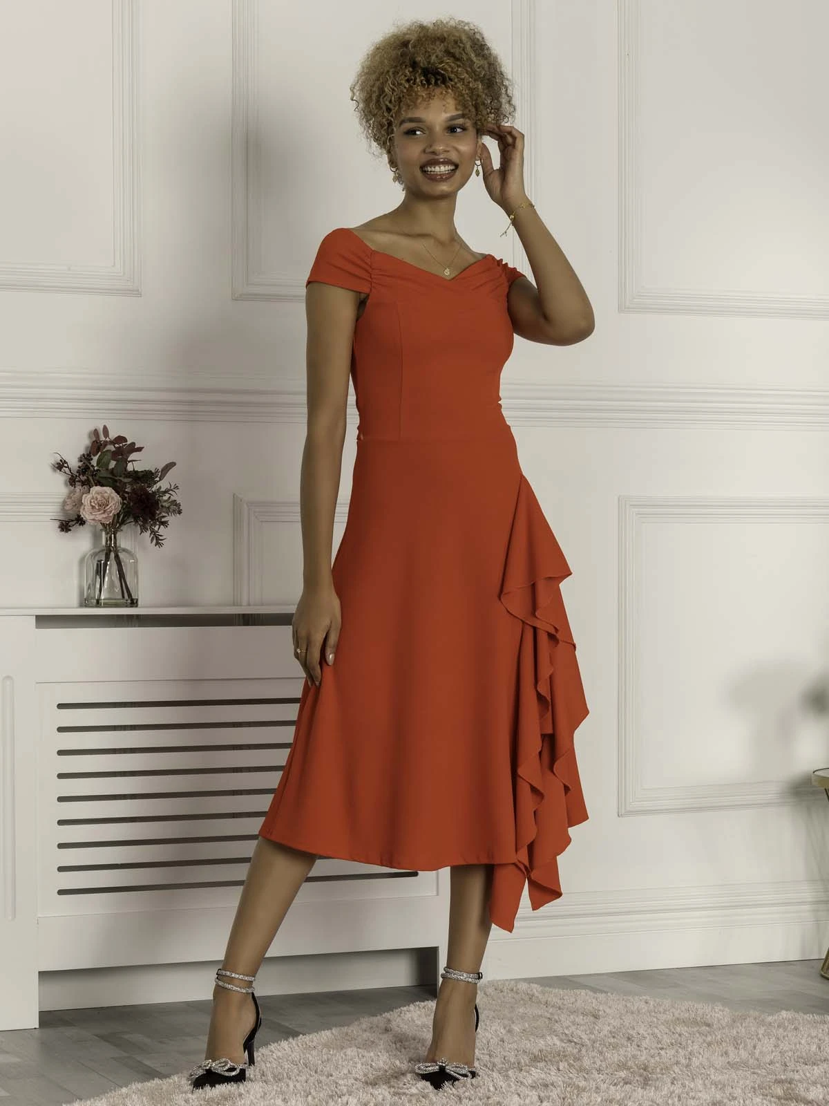 Desiree Frill Fit & Flare Dress, Scarlet Red 4 Desiree Frill Fit & Flare Dress, Scarlet Red - Image 4