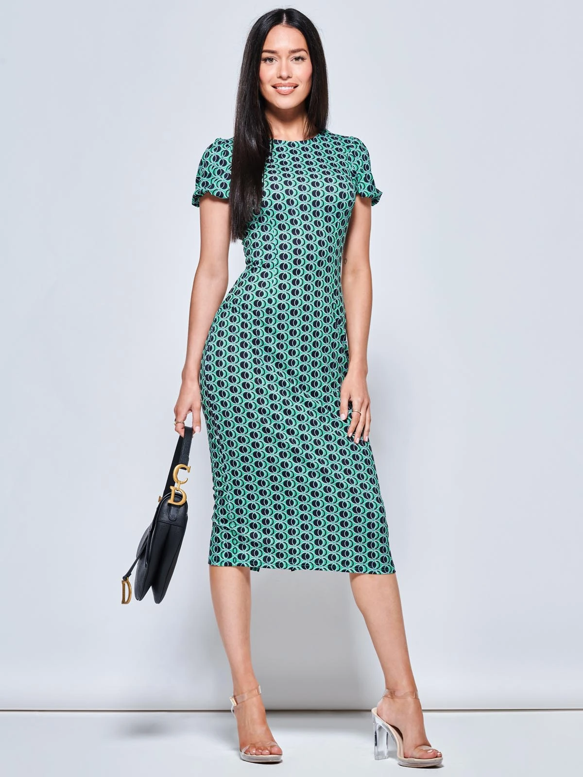 Short Sleeve Jersey Bodycon Midi Dress, Green Geo 1 Short Sleeve Jersey Bodycon Midi Dress, Green Geo