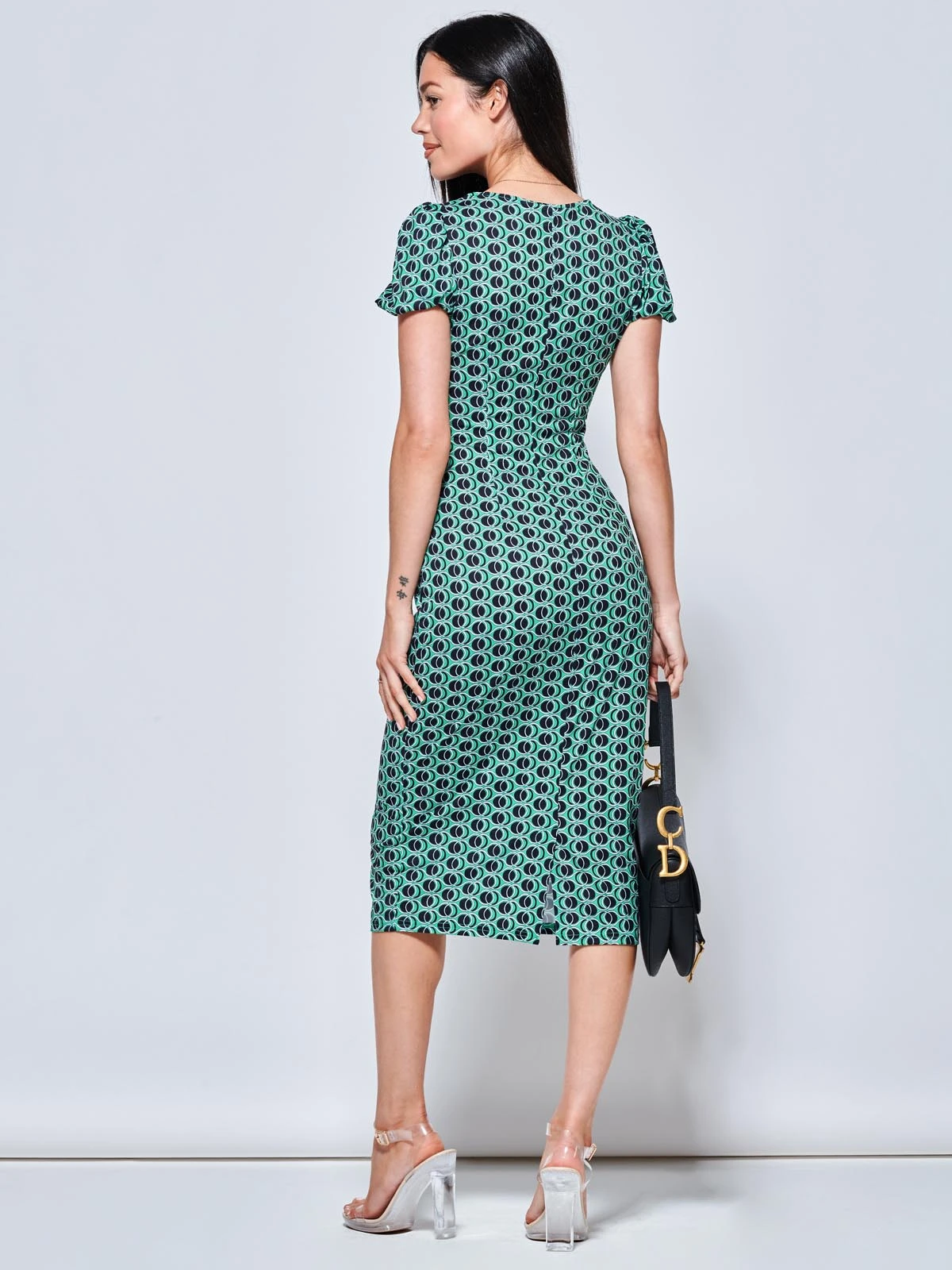 Short Sleeve Jersey Bodycon Midi Dress, Green Geo 2 Short Sleeve Jersey Bodycon Midi Dress, Green Geo - Image 2