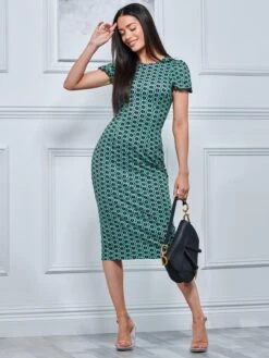 Short Sleeve Jersey Bodycon Midi Dress, Green Geo 8 Short Sleeve Jersey Bodycon Midi Dress, Green Geo -DORIA Clothing Shop D567 220 GreenGeo 4