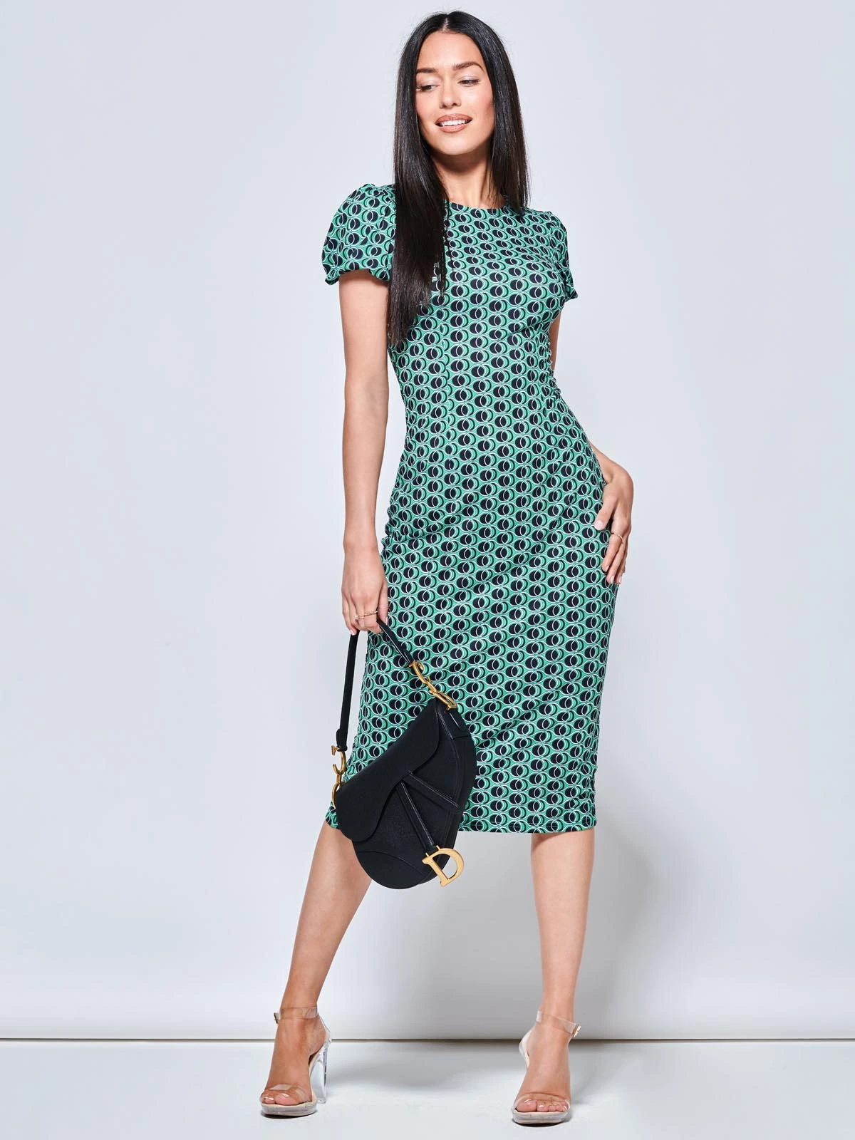 Short Sleeve Jersey Bodycon Midi Dress, Green Geo 5 Short Sleeve Jersey Bodycon Midi Dress, Green Geo - Image 5