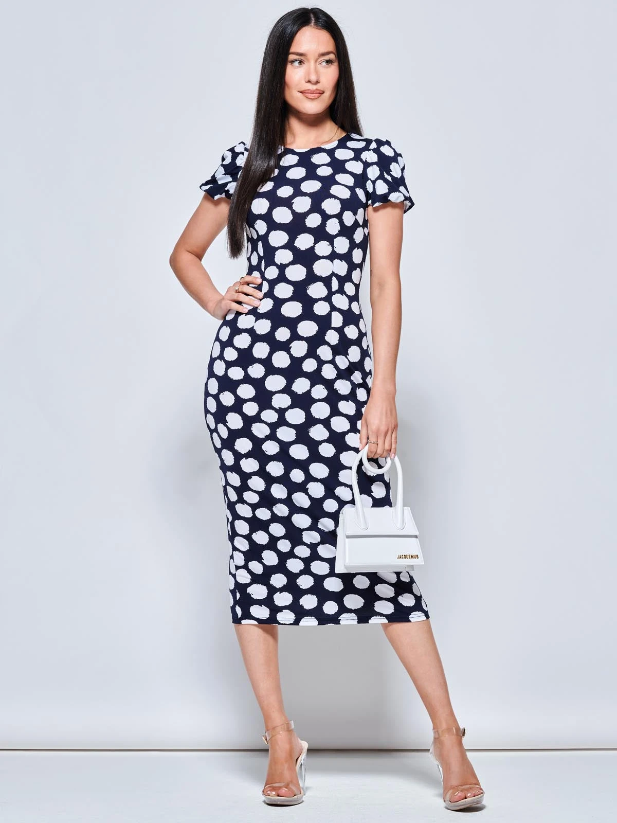 Short Sleeve Jersey Bodycon Midi Dress, Navy Polka Dot 1 Short Sleeve Jersey Bodycon Midi Dress, Navy Polka Dot